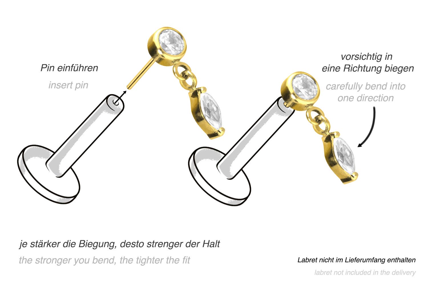Titan Piercing Aufsatz Mit Push Pin – Kristall + Kristalltropfen, 3,5x11,5mm, Ohne Stecker, Für Ohr, Tragus, Helix
